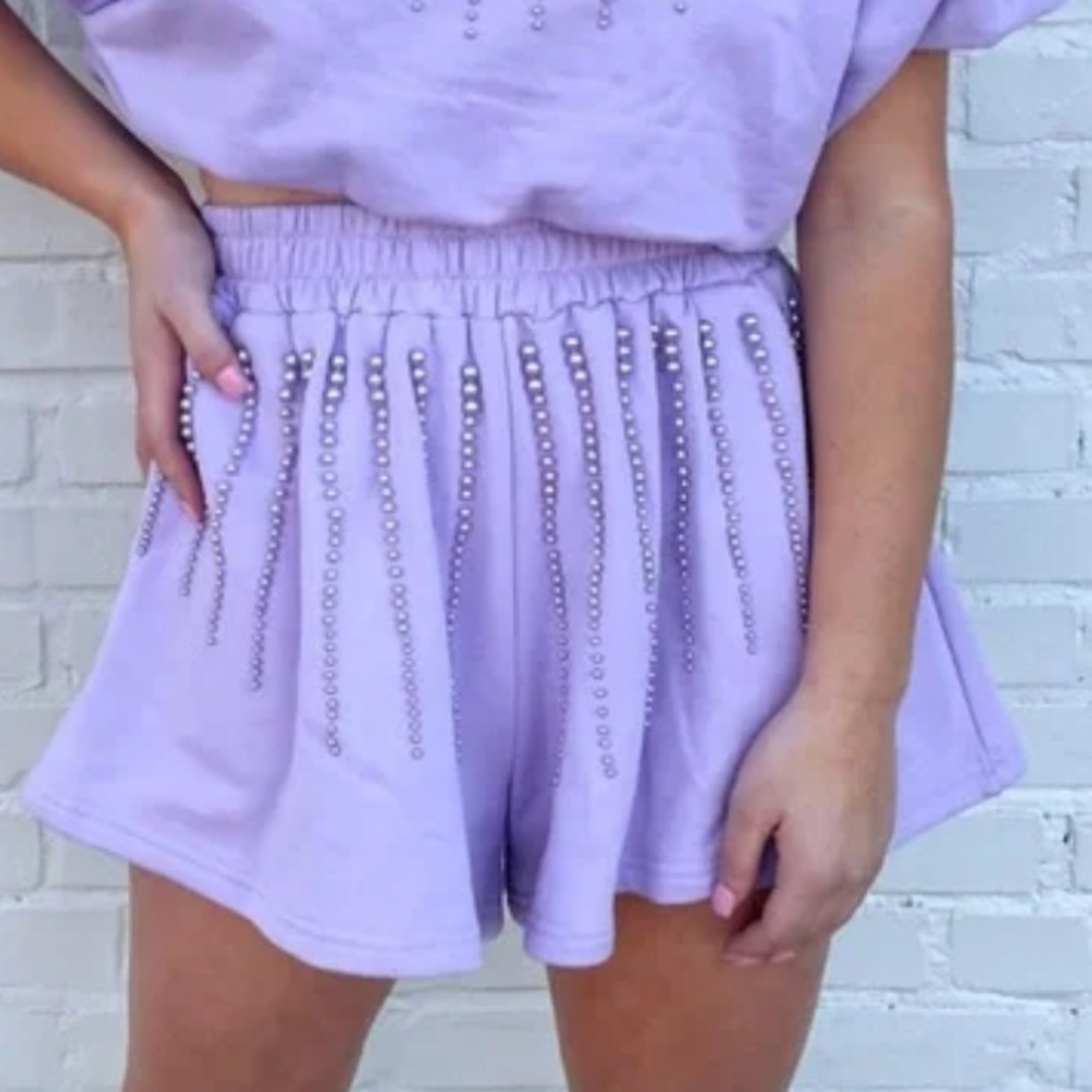 QUEEN OF SPARKLES Lavender High-Waist Studded Flutter Shorts